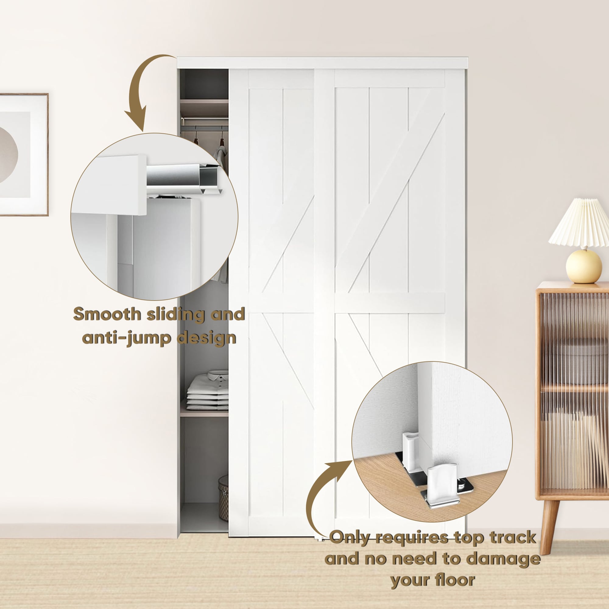 JUBEST 48"(Double 25") X80" Sliding Closet Door, K Style Bypass Closet Door With Hardware Kit & Matching Fascia, Preassembled Solid Wood Slab With Water-Proof PVC Surface, Easy To Install, White_voghion.com